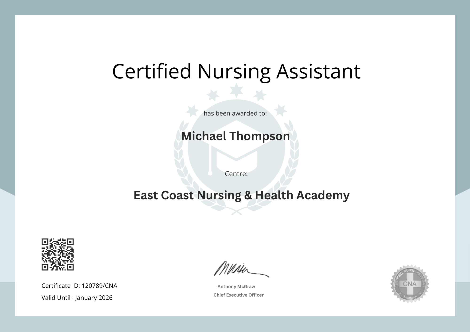 CNA Certificate Template with Minimalistic Border